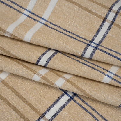 Stretch Linen Woven - Beige, Navy and White Plaid with Metallic Silver Accents