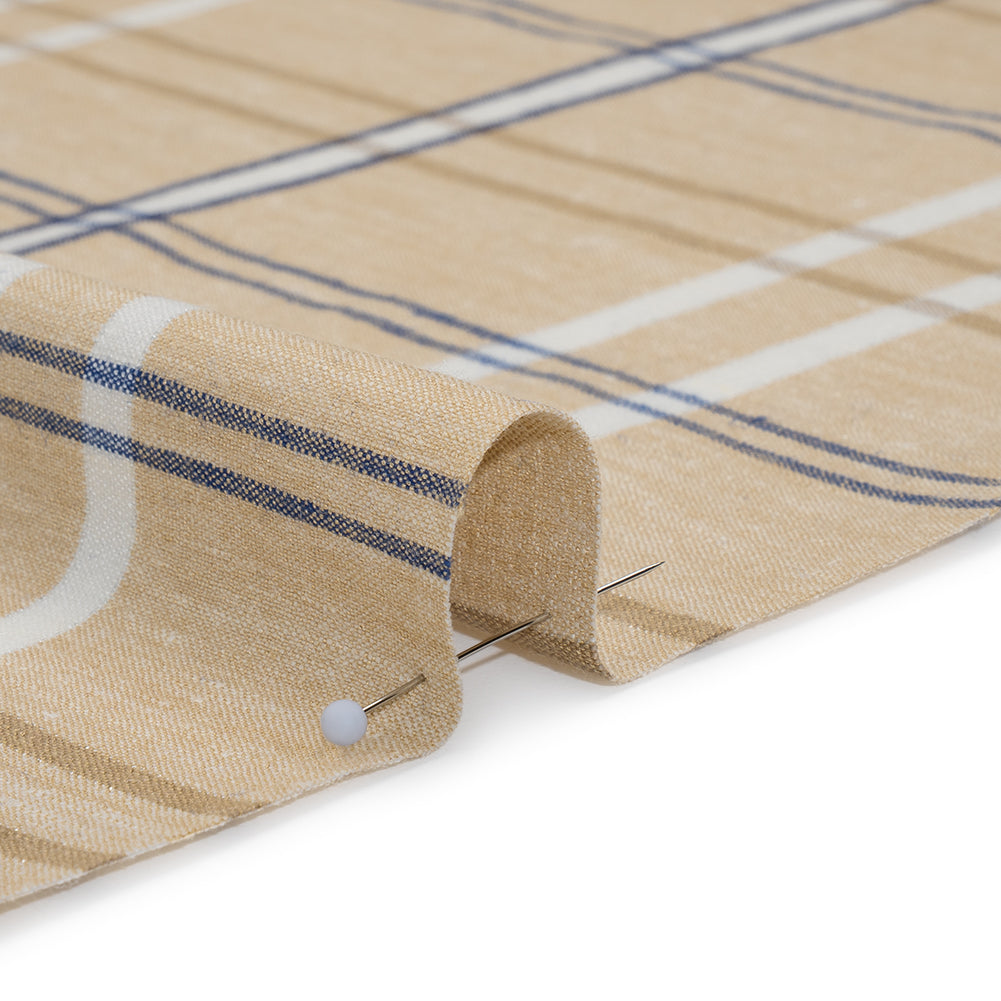Stretch Linen Woven - Beige, Navy and White Plaid with Metallic Silver Accents