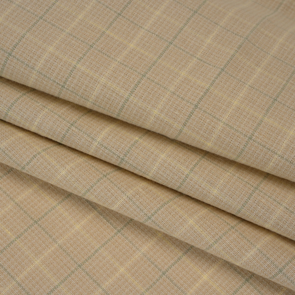 Medium Weight Linen Woven - Beige and Sage Green Windowpane Tattersall Check Plaid