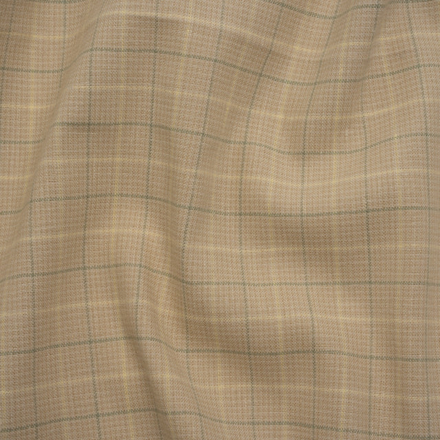 Medium Weight Linen Woven - Beige and Sage Green Windowpane Tattersall Check Plaid