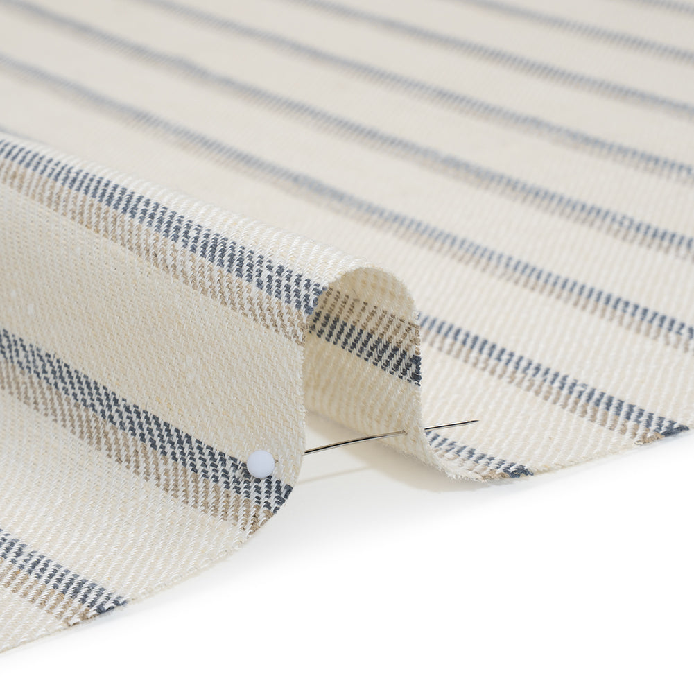 Heavy Linen Twill - Cream, Beige and Steel Blue Shadow Stripes