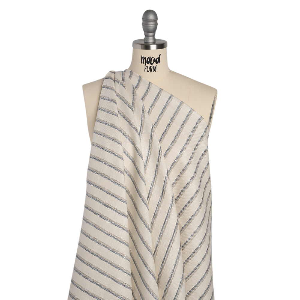 Heavy Linen Twill - Cream, Beige and Steel Blue Shadow Stripes