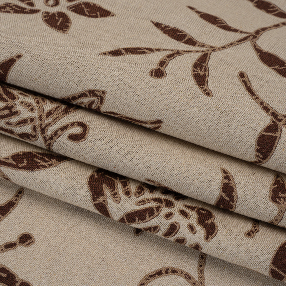 Medium Weight Linen Woven Print - Oatmeal and Brown Floral