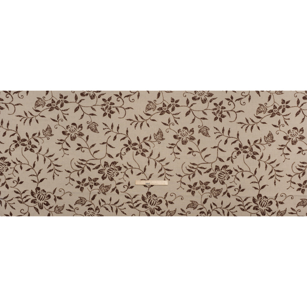 Medium Weight Linen Woven Print - Oatmeal and Brown Floral