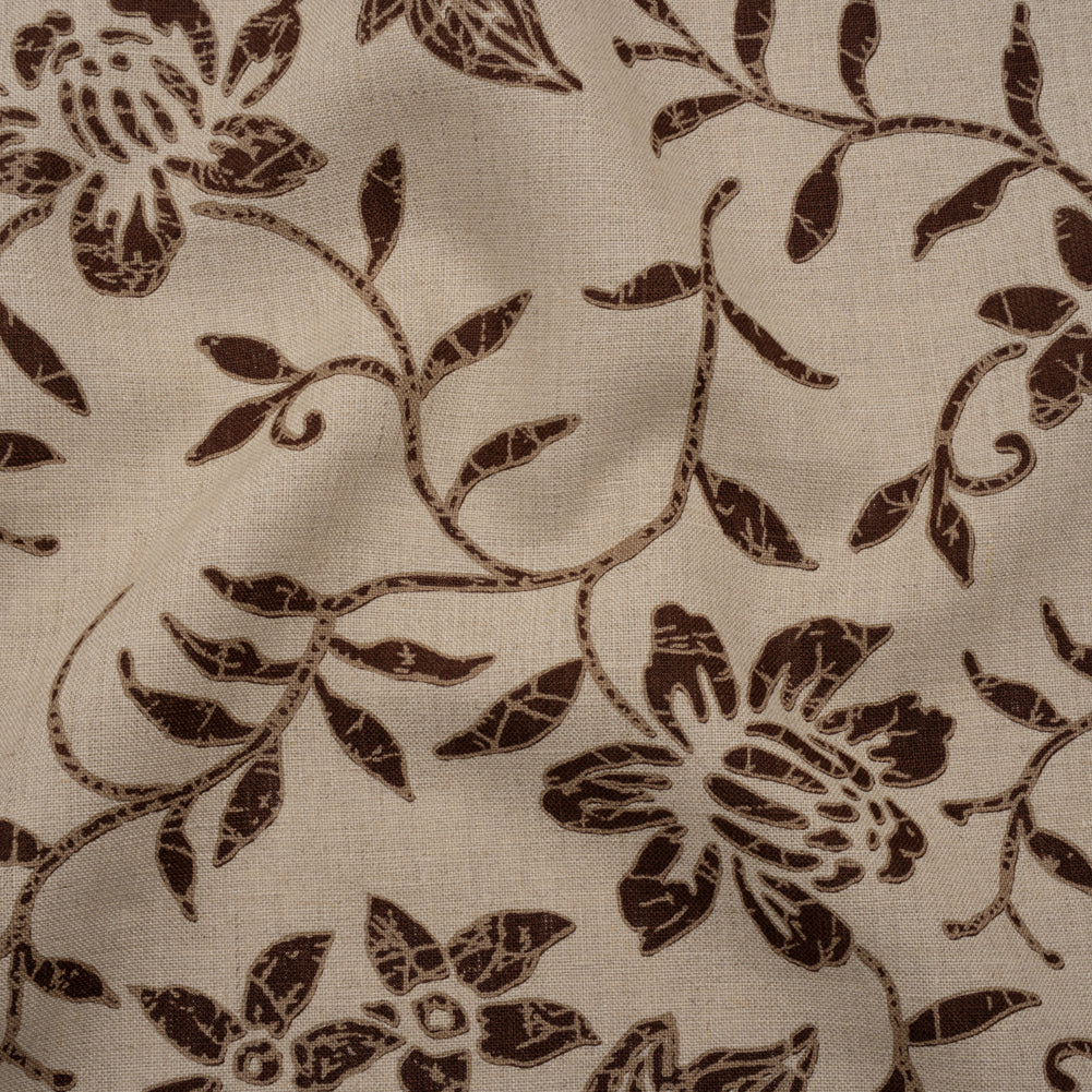 Medium Weight Linen Woven Print - Oatmeal and Brown Floral