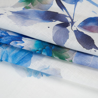 Medium Weight Linen Woven Print - Wisteria Blue on White Wild Roses