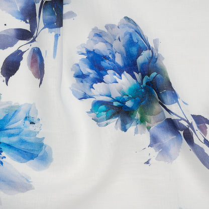 Medium Weight Linen Woven Print - Wisteria Blue on White Wild Roses
