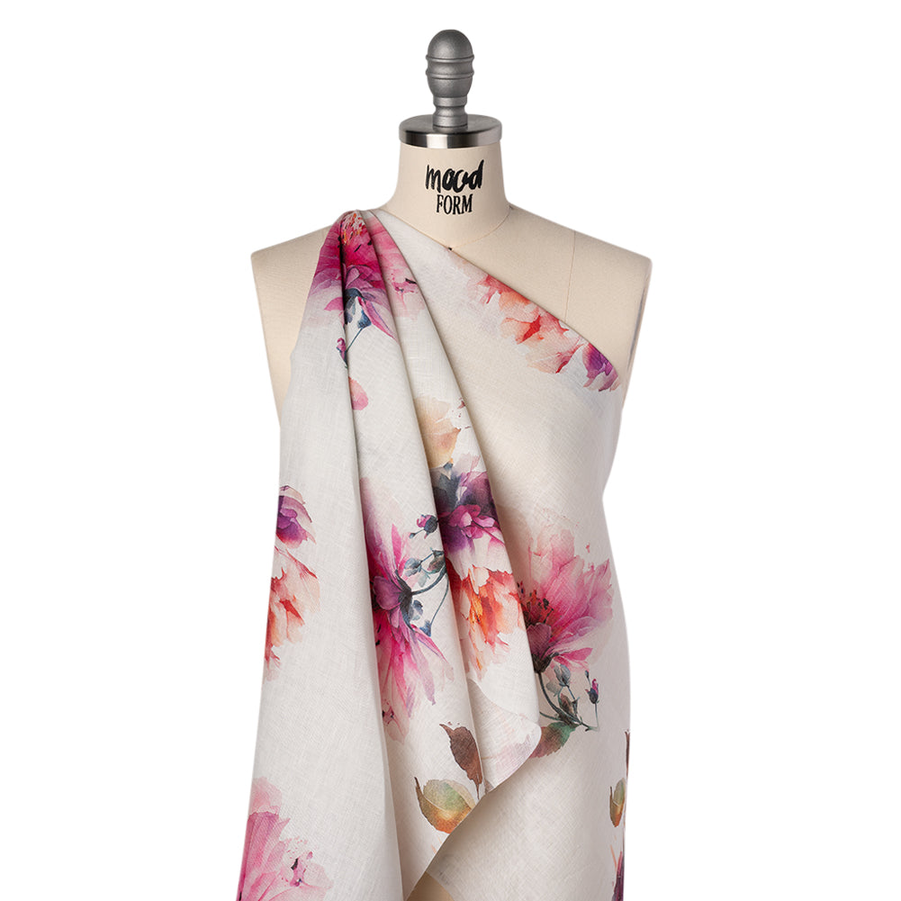 Medium Weight Linen Woven Print - Fuschia Pink on White Wild Roses Folded