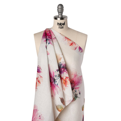 Medium Weight Linen Woven Print - Fuschia Pink on White Wild Roses Folded