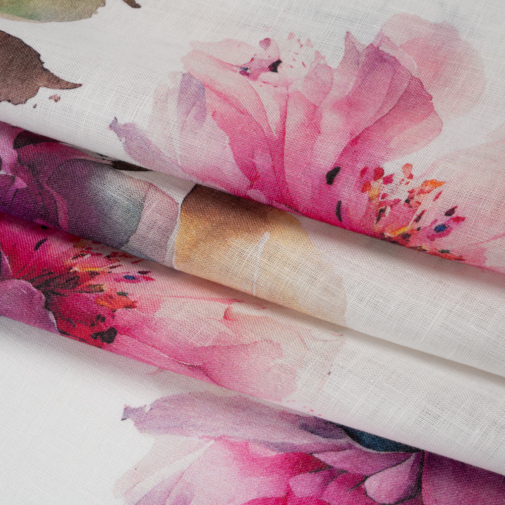 Medium Weight Linen Woven Print - Fuschia Pink on White Wild Roses Detail