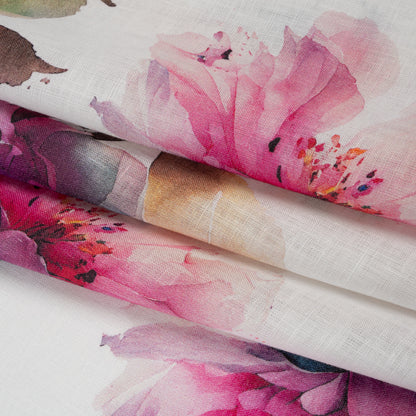 Medium Weight Linen Woven Print - Fuschia Pink on White Wild Roses Detail