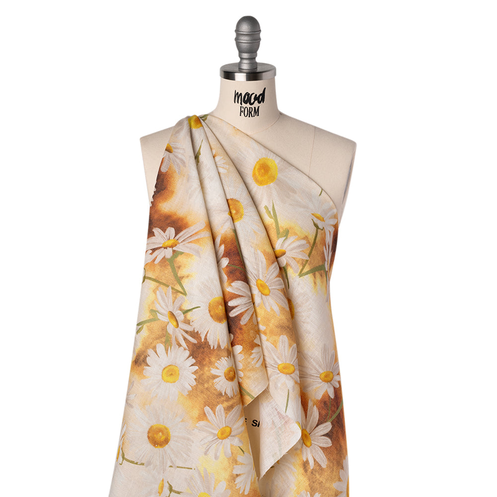 Medium Weight Linen Woven Print - Sun Yellow and White Daisies - Folded