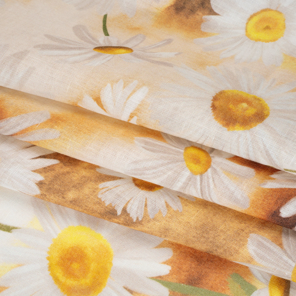 Medium Weight Linen Woven Print - Sun Yellow and White Daisies - Detail