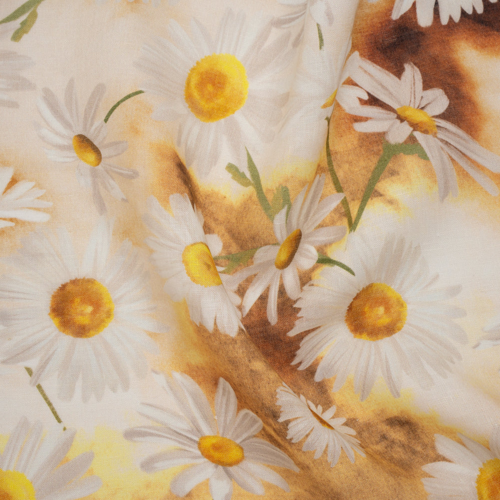 Medium Weight Linen Woven Print - Sun Yellow and White Daisies - Drape