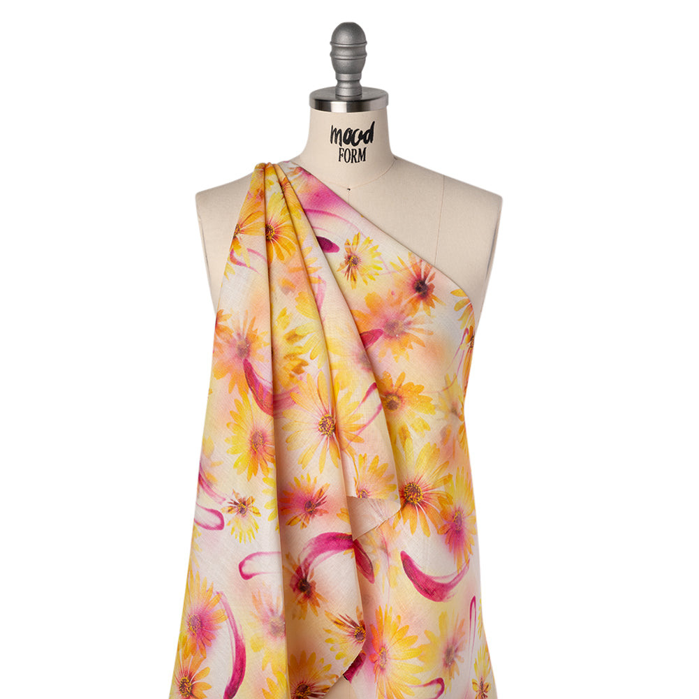 Medium Weight Linen Woven Print - Fuchsia Pink and Bright Yellow Sunflower Garden