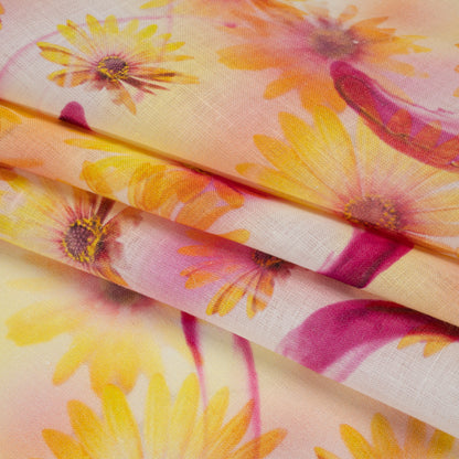 Medium Weight Linen Woven Print - Fuchsia Pink and Bright Yellow Sunflower Garden