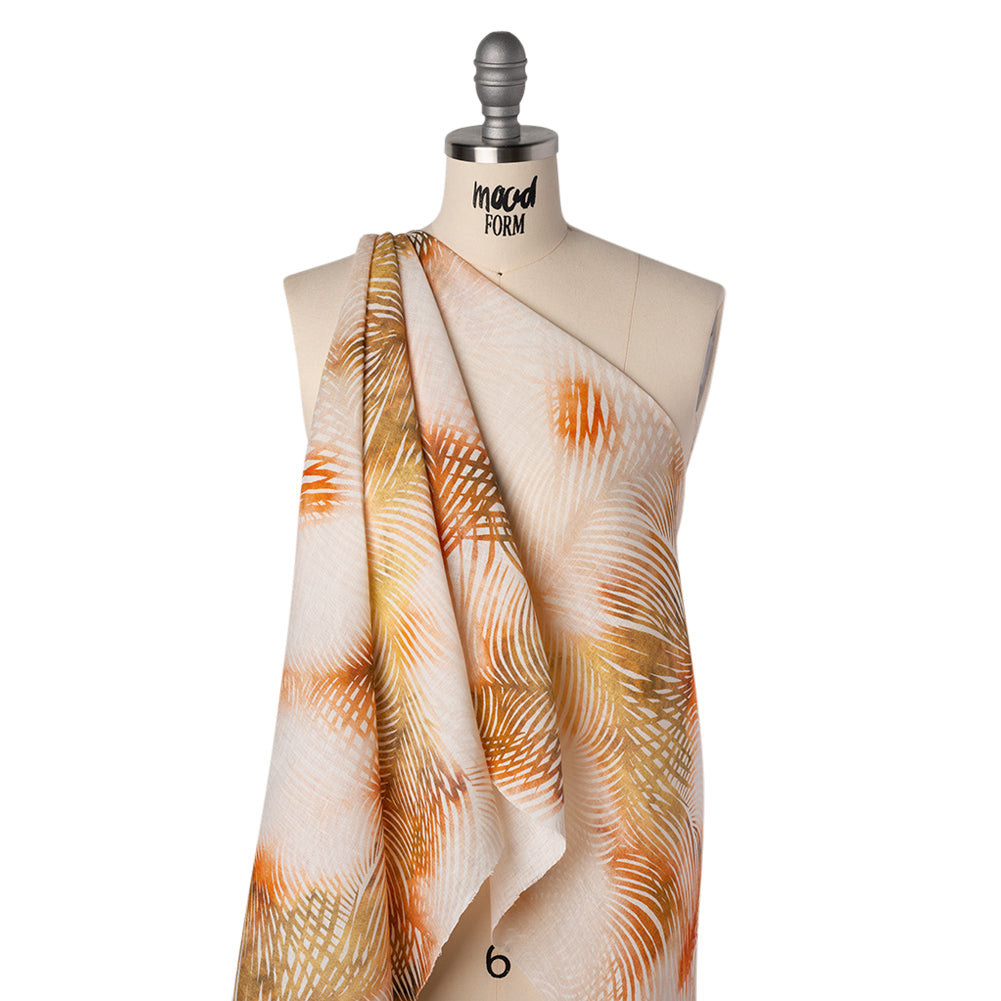Medium Weight Linen Woven Print - Blush, Olive and White Illuminated Palm Leaves - Folded