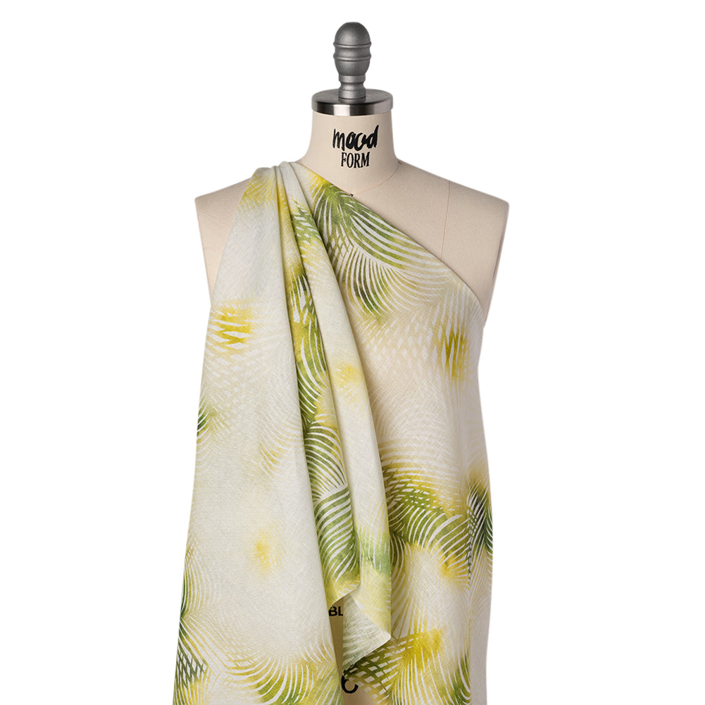 Medium Weight Linen Woven Print - Citrus Green, Yellow and White Illuminated Palm Leaves Folded