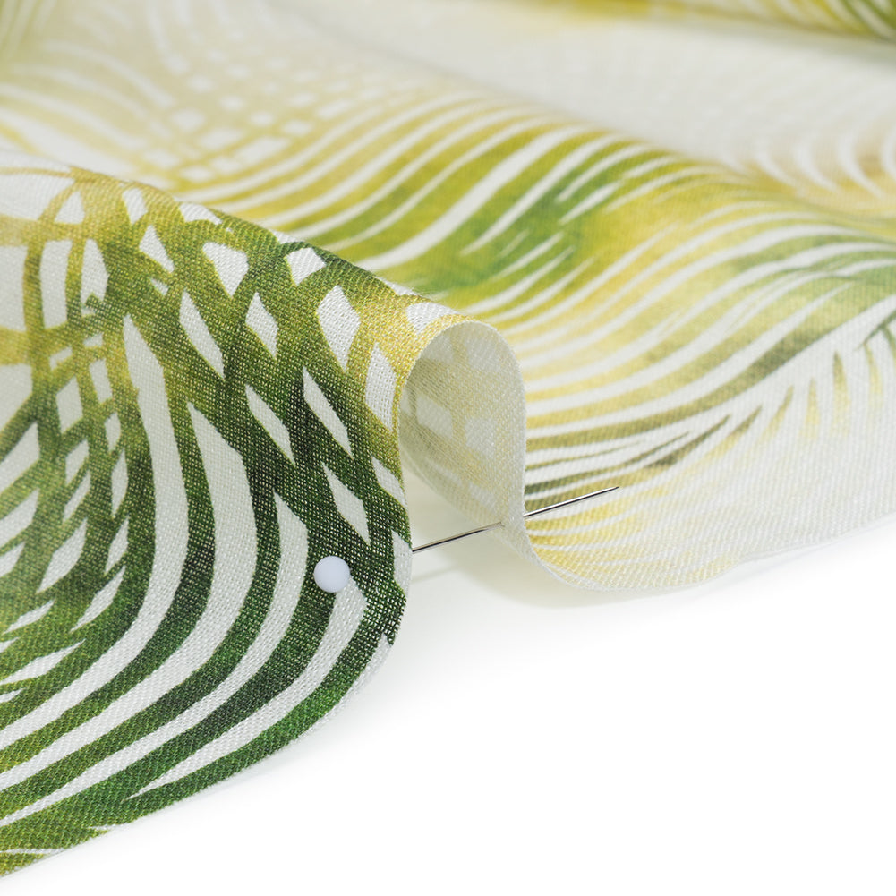 Medium Weight Linen Woven Print - Citrus Green, Yellow and White Illuminated Palm Leaves Full