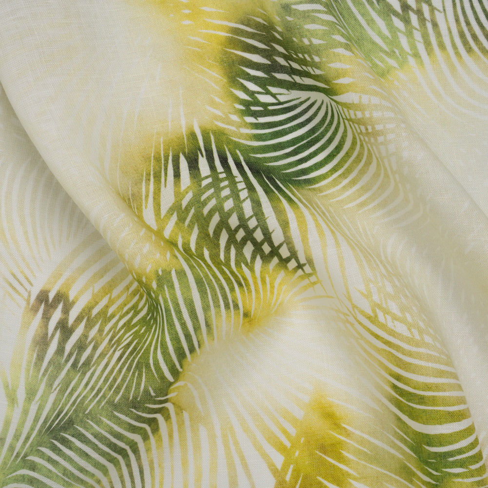 Medium Weight Linen Woven Print - Citrus Green, Yellow and White Illuminated Palm Leaves Drape