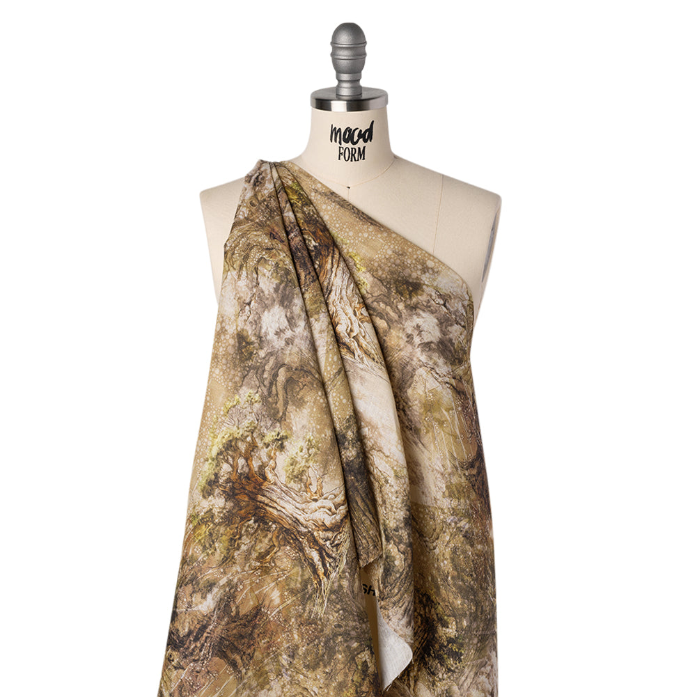 Medium Weight Linen Woven Print - Sand Beige and Green Giant Trees - Folded