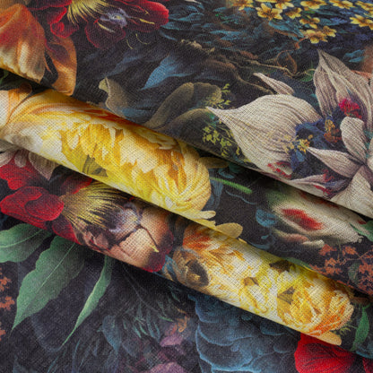 Medium Weight Linen Woven Print - Yellow, Red and Dark Green Mythical Garden Detail