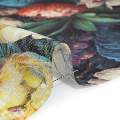 Medium Weight Linen Woven Print - Yellow, Red and Dark Green Mythical Garden Full