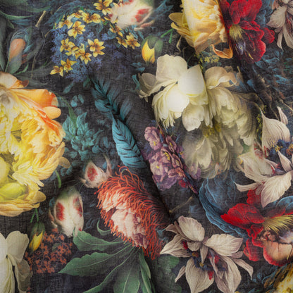 Medium Weight Linen Woven Print - Yellow, Red and Dark Green Mythical Garden Drape