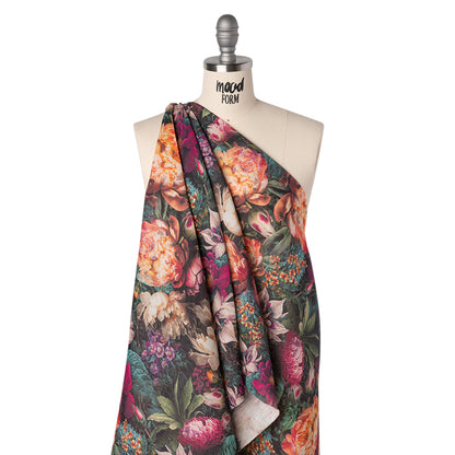 Medium Weight Linen Woven Print - Red Violet, Peach and Dark Green Mythical Garden