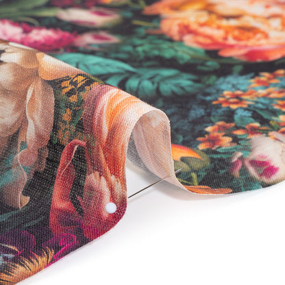 Medium Weight Linen Woven Print - Red Violet, Peach and Dark Green Mythical Garden