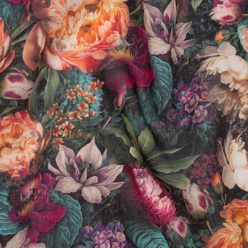 Medium Weight Linen Woven Print - Red Violet, Peach and Dark Green Mythical Garden