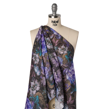Medium Weight Linen Woven Print - Lilac, Dark Teal and Taupe Mythical Garden