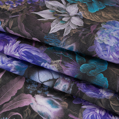 Medium Weight Linen Woven Print - Lilac, Dark Teal and Taupe Mythical Garden