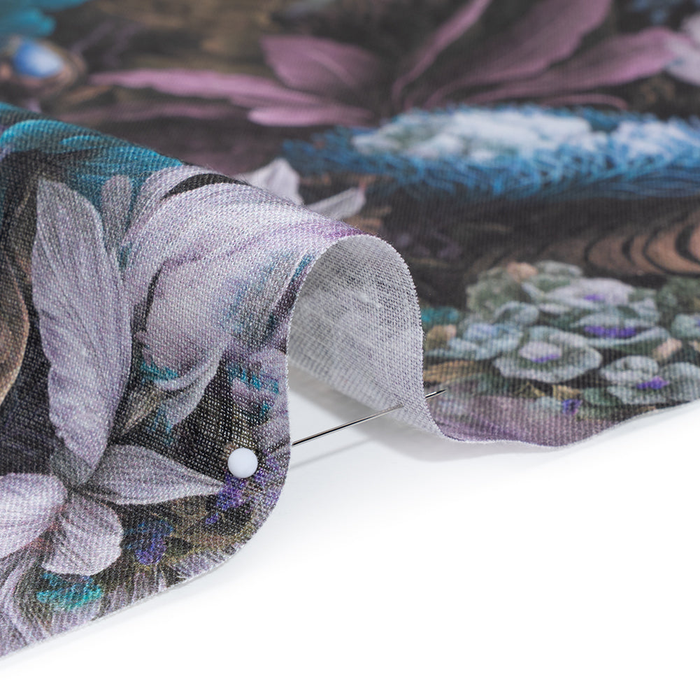 Medium Weight Linen Woven Print - Lilac, Dark Teal and Taupe Mythical Garden - Full - Image 4 of 6