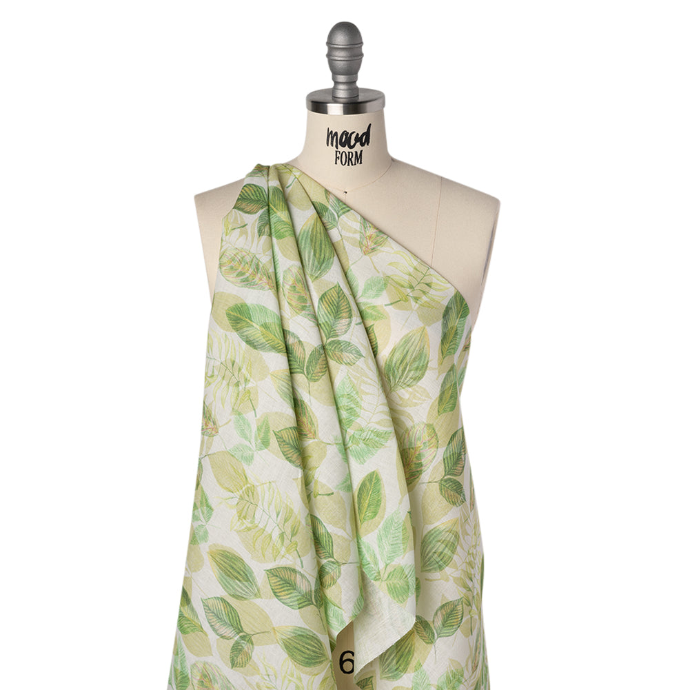 Medium Weight Linen Woven Print - Green on White Laying Leaves Folded
