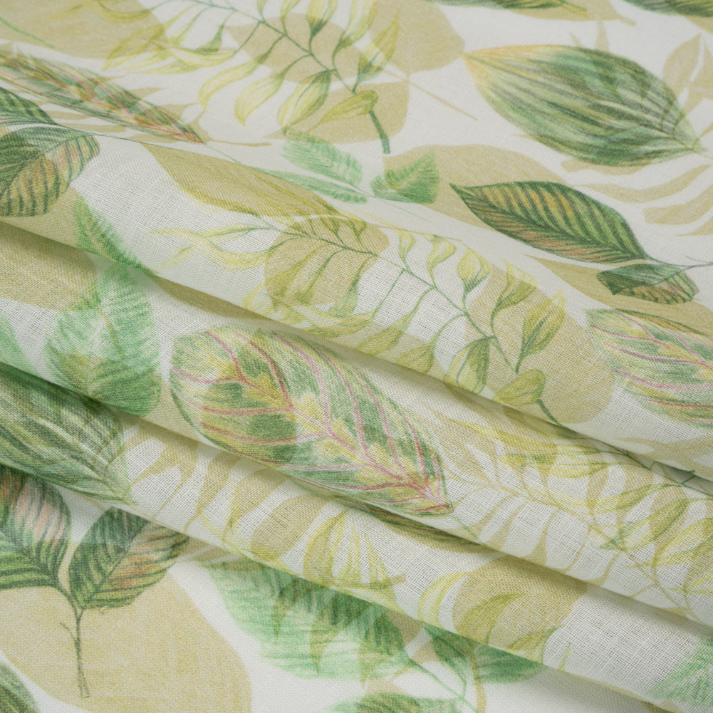 Medium Weight Linen Woven Print - Green on White Laying Leaves Detail