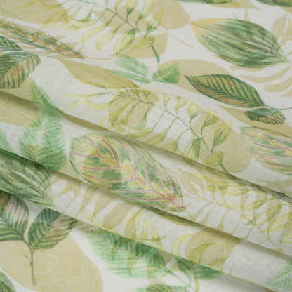 Medium Weight Linen Woven Print - Green on White Laying Leaves Detail