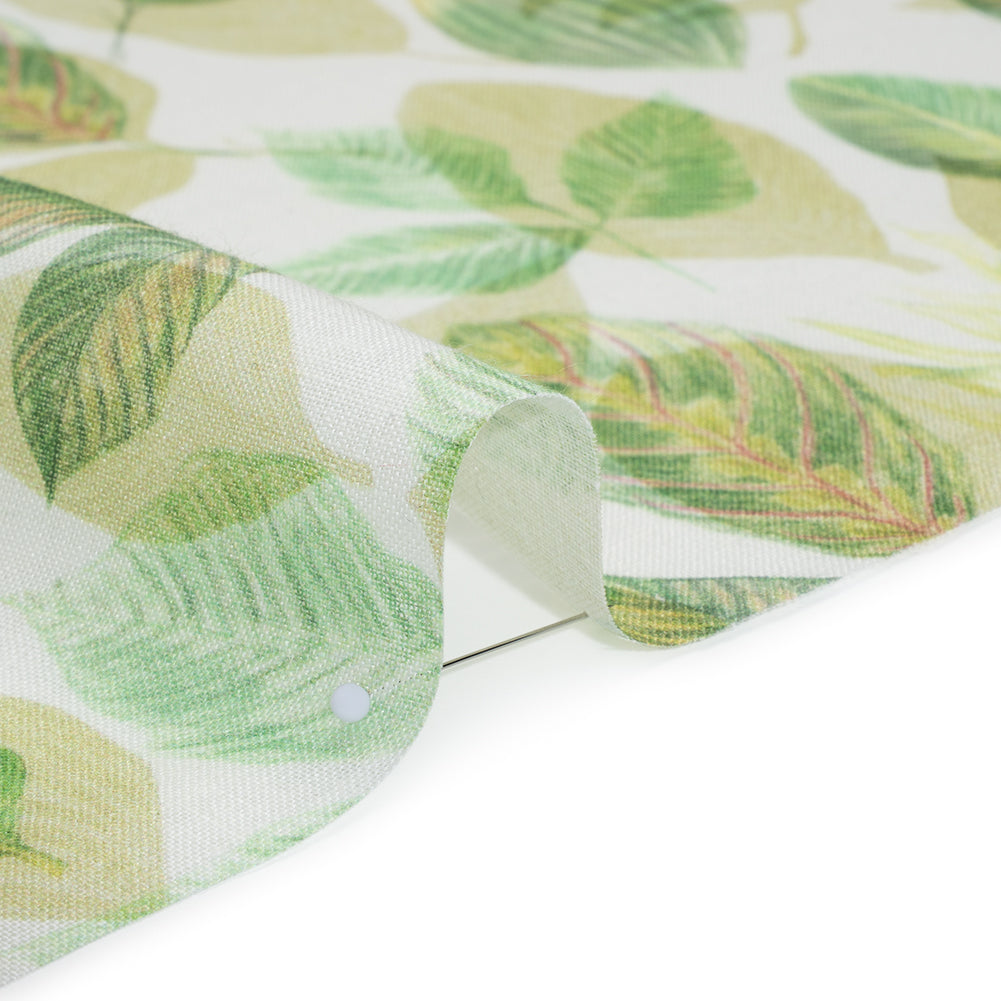 Medium Weight Linen Woven Print - Green on White Laying Leaves Full