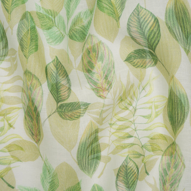 Medium Weight Linen Woven Print - Green on White Laying Leaves Drape