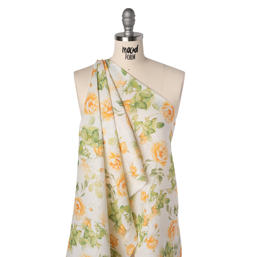 Medium Weight Linen Woven Print - Orange and Green on White Little Roses
