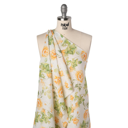 Medium Weight Linen Woven Print - Orange and Green on White Little Roses