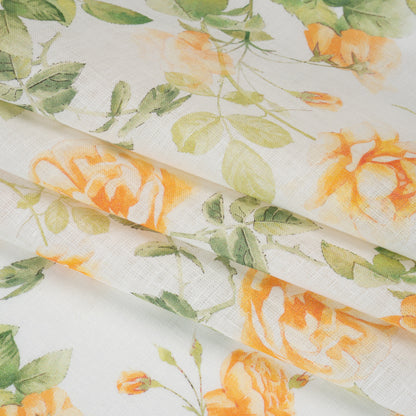 Medium Weight Linen Woven Print - Orange and Green on White Little Roses