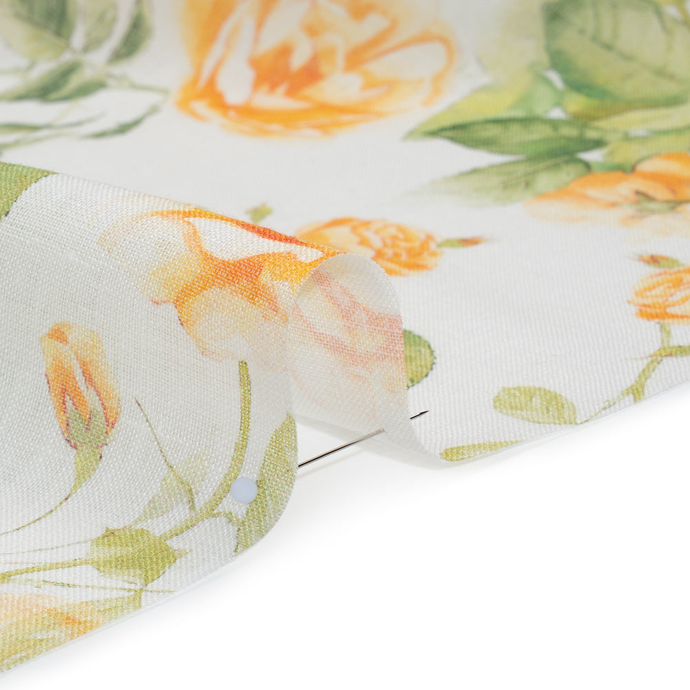 Medium Weight Linen Woven Print - Orange and Green on White Little Roses