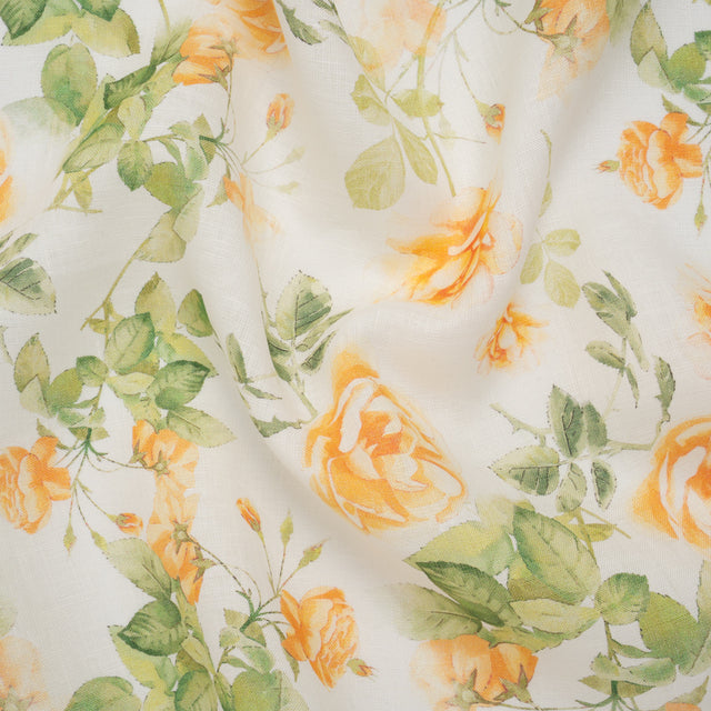 Medium Weight Linen Woven Print - Orange and Green on White Little Roses