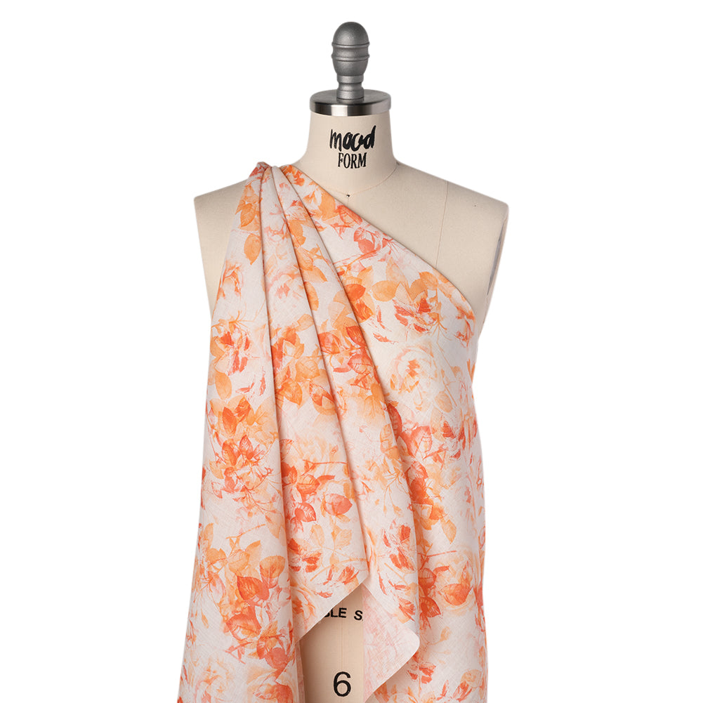 Medium Weight Linen Woven Print - Orange and Red on White Airy Leaves Folded