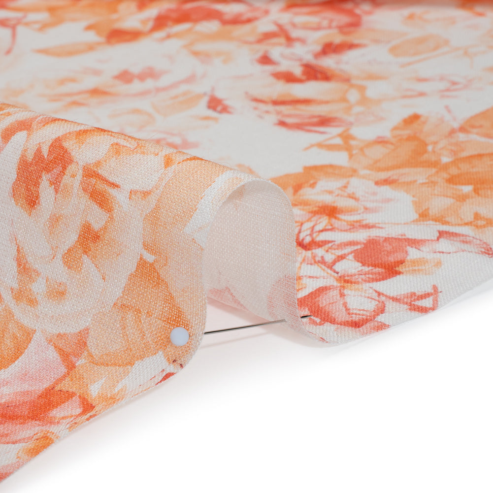Medium Weight Linen Woven Print - Orange and Red on White Airy Leaves Full