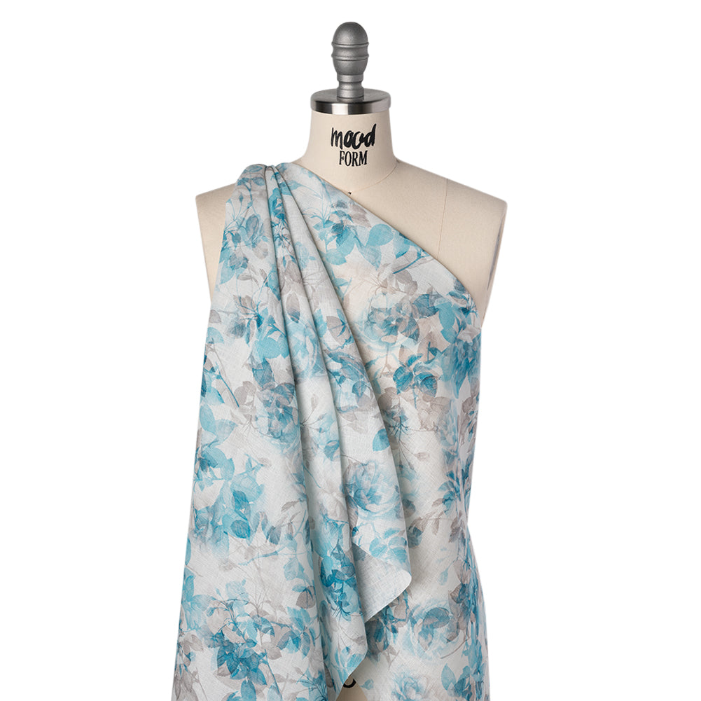 Medium Weight Linen Woven Print - Aqua and Gray on White Airy Leaves - Folded