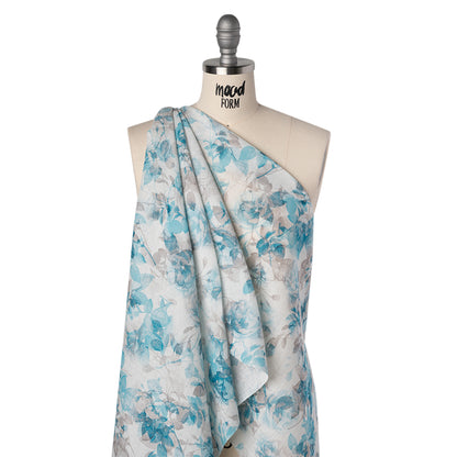 Medium Weight Linen Woven Print - Aqua and Gray on White Airy Leaves