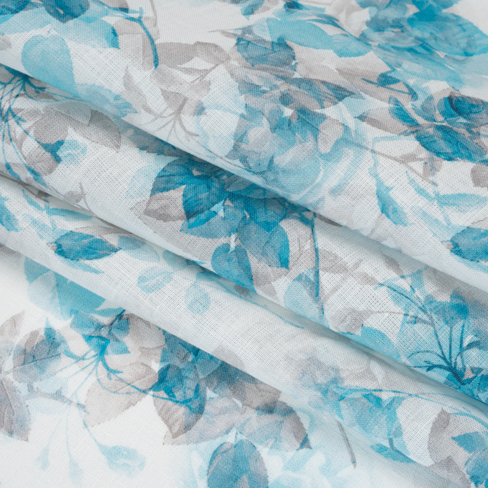Medium Weight Linen Woven Print - Aqua and Gray on White Airy Leaves - Detail