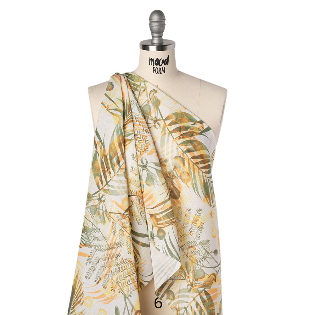 Medium Weight Linen Woven Print - Sage Green, Orange and White Elegant Palm Silhouettes